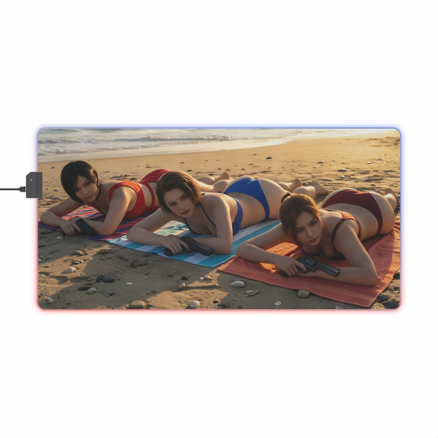 Ada Wong, Claire Redfield & Jill Valentine Desk Mat – LED RGB Pad showing three heroines lounging on beach mats with RGB edge lighting