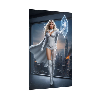 Emma Frost Poster, Marvel X-Men Art Print, Iconic Telepath Hero Wall Decor — confident telepathic heroine in white costume with ice shield over cityscape