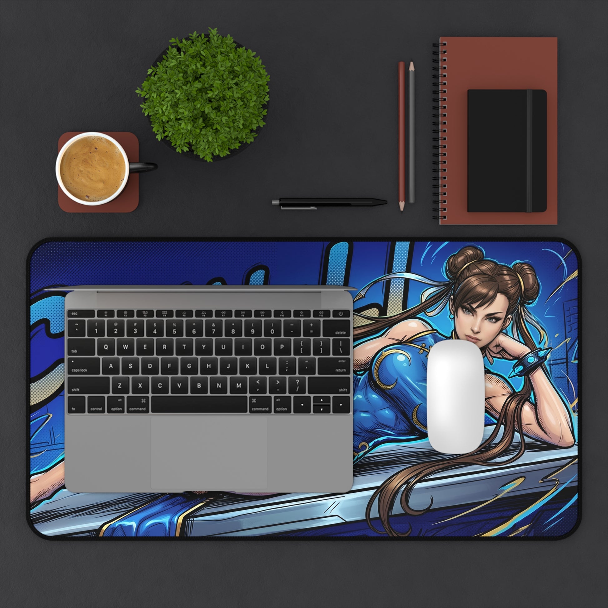 Chun-Li Desk Mat, Fighting Game Mouse Pad, Gamer Desk Setup — large stitched mouse pad with Chun-Li artwork, smooth glide surface and non-slip base