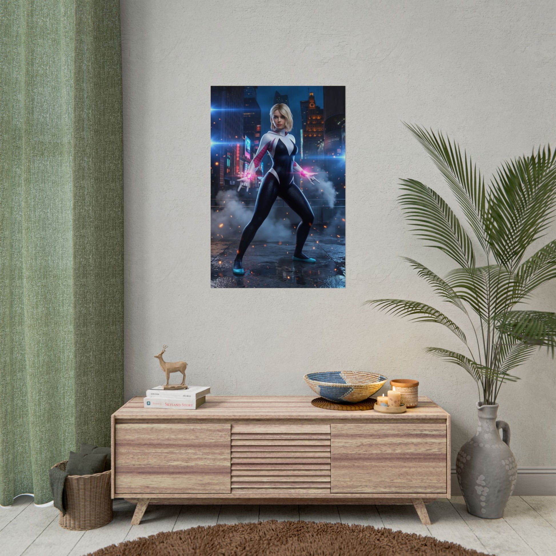 Gwen Stacy Poster, Spider-Man Art Print – Iconic Comic Heroine Wall Art showcasing Gwen in dynamic cityscape, ideal for gamer rooms and collector displays