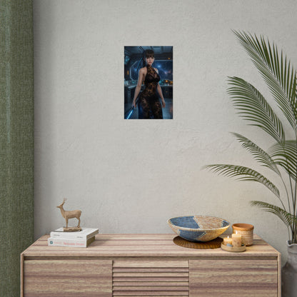 EVE Poster, Stellar Blade Print, Futuristic Combat Hero Art Wall Decor showing armored heroine poster above modern console in gaming-themed room