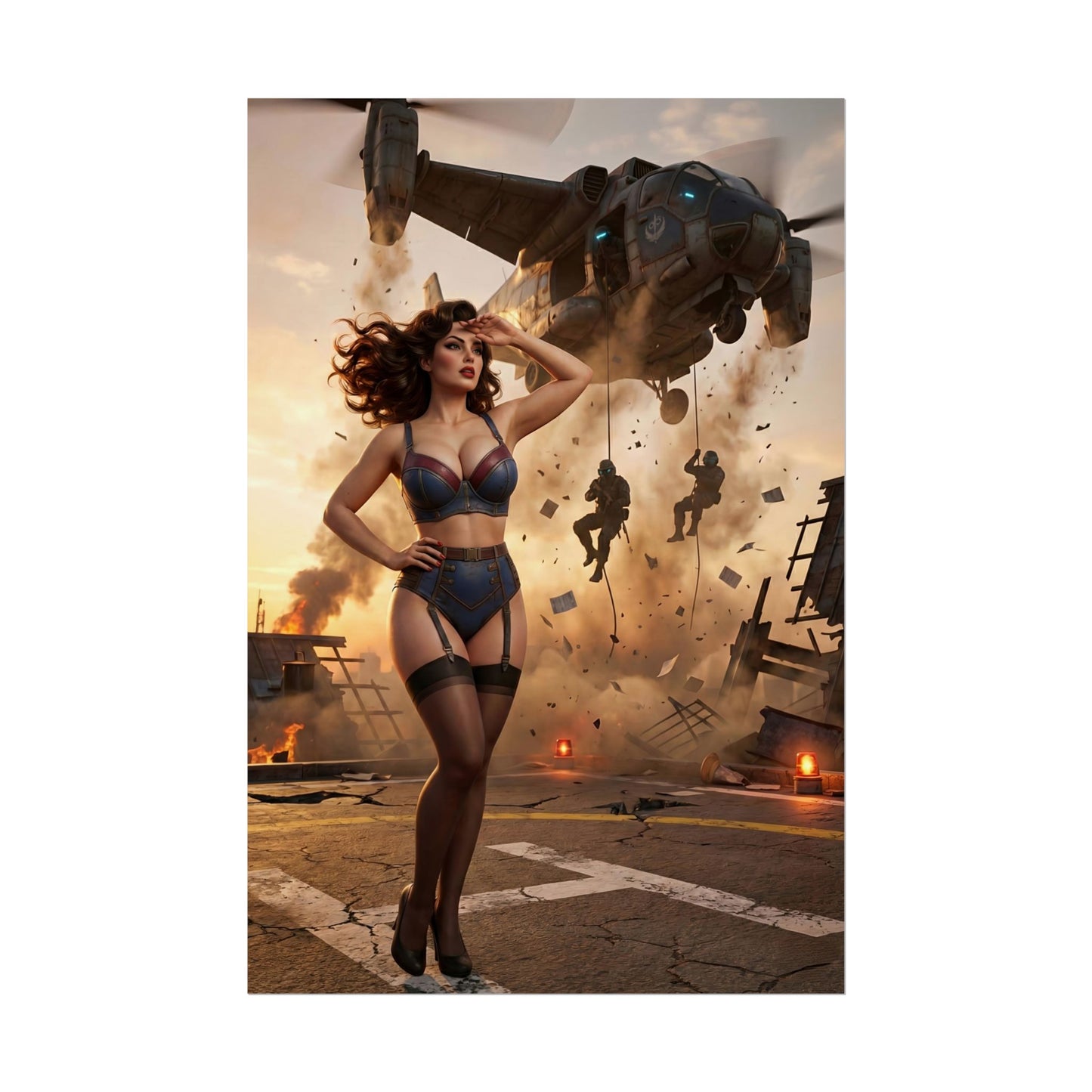 Fallout Action Woman Poster / Fallout Action Wall Art / Fallout Action Art Print / Fallout Poster - cinematic female lead amid helicopter drop and explosion