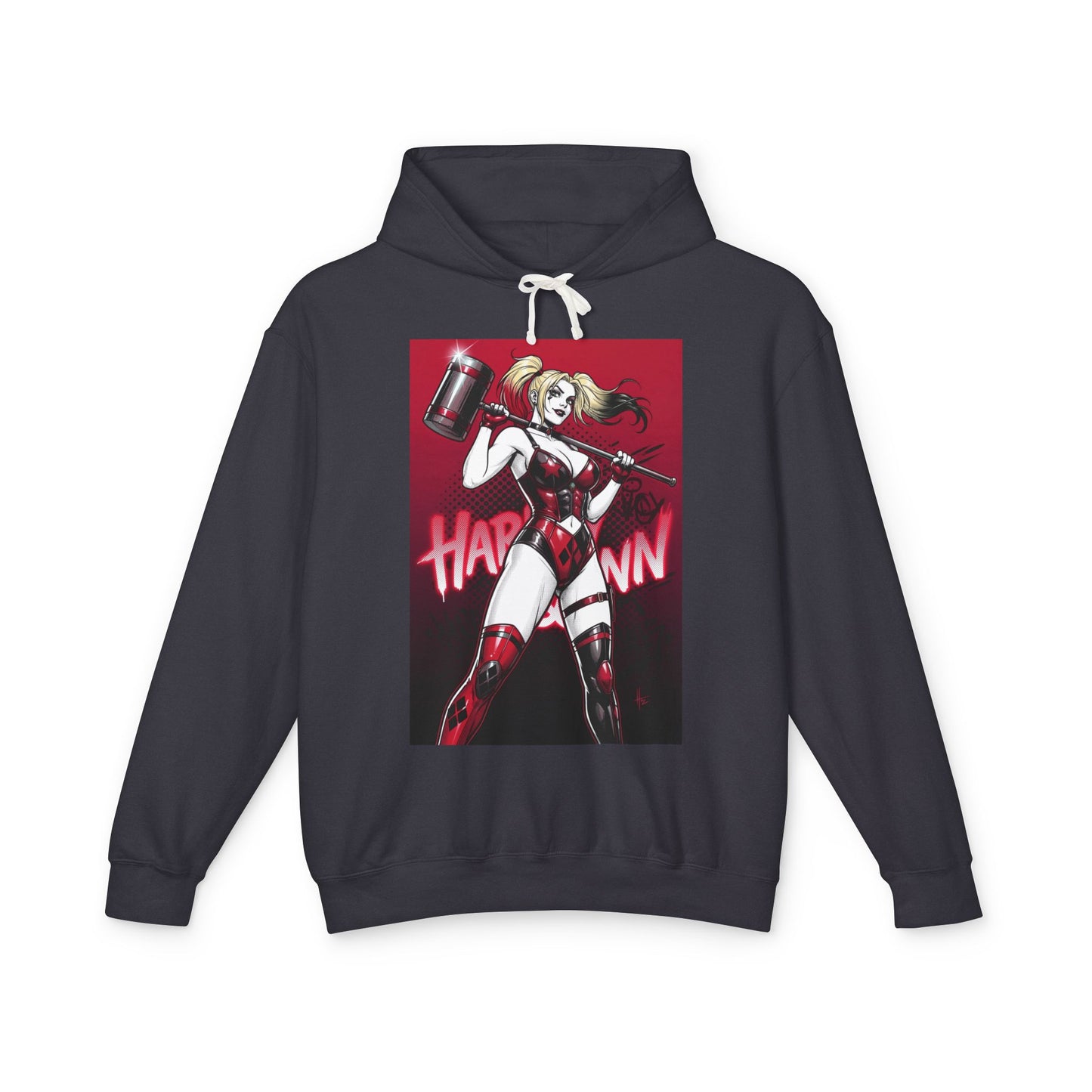 Harley Quinn Hoodie | DC Villain Hoodie | Chaos Queen Pullover featuring comic-style Harley Quinn with mallet on black streetwear pullover