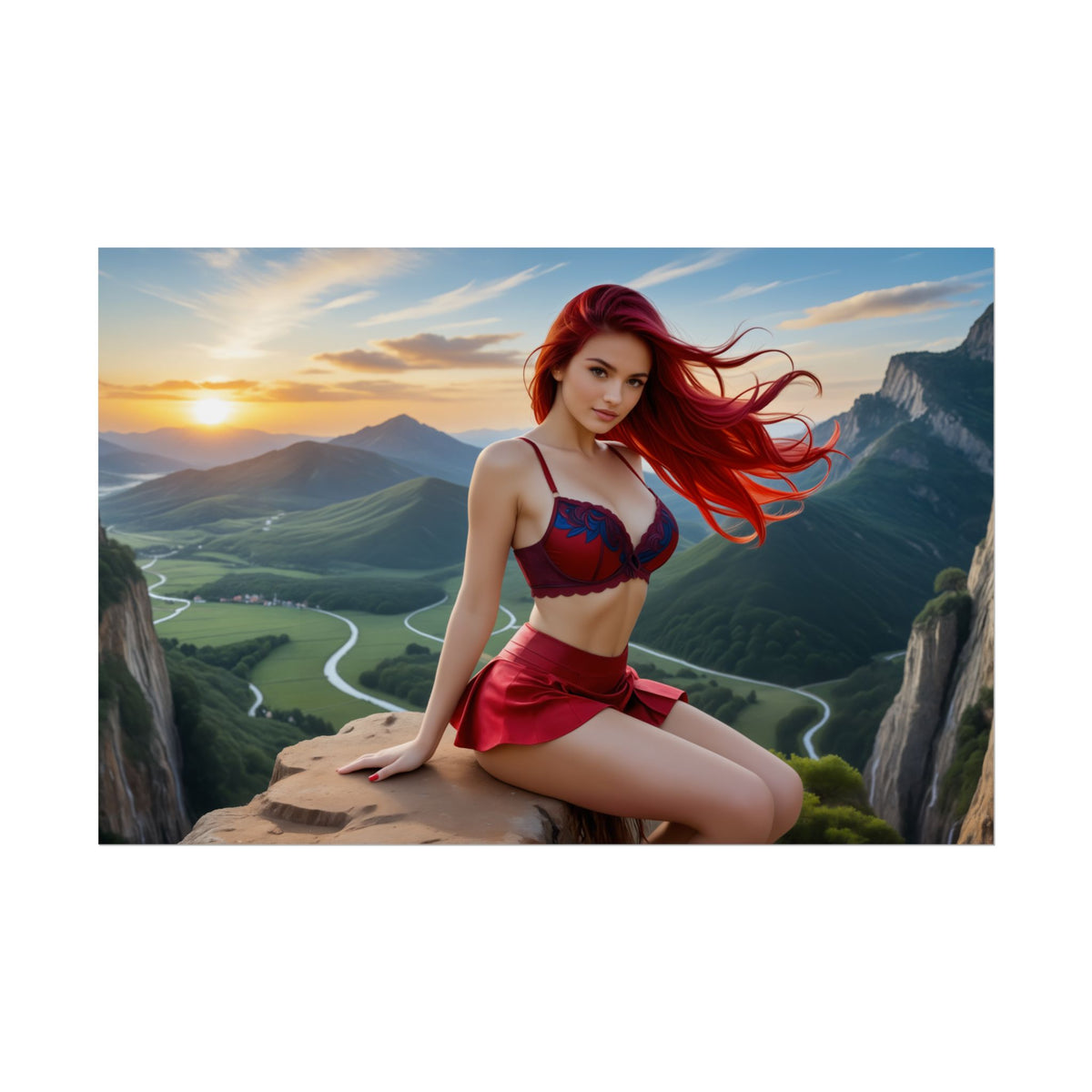 Erza Scarlet Anime Poster | Waifu Wall Art for Magic Warrior Otaku Decor - armored crimson-haired heroine sitting on cliff with sword view