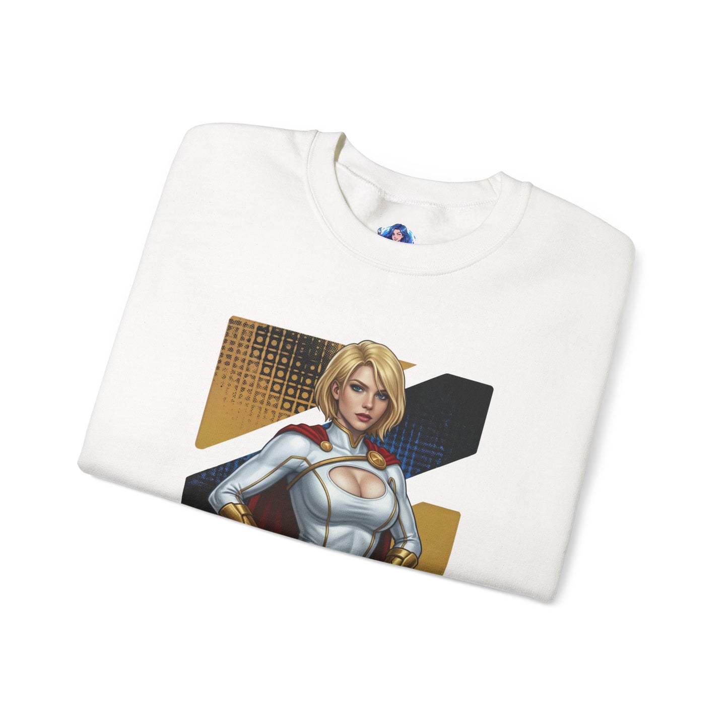 Power Girl Sweatshirt, DC Comics Crewneck, Bold Superhero Apparel for Fans — white crewneck featuring Power Girl graphic with bold geometric background
