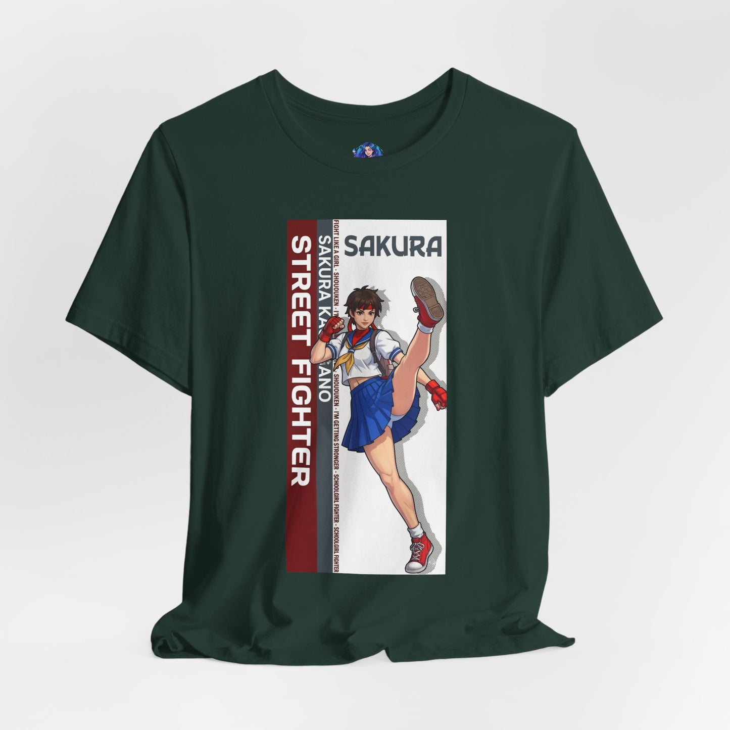 Sakura Kasugano T-Shirt | Street Fighter Anime Tee for Gamers & Fighting Game Fans - dark green tee with energetic Sakura kick artwork