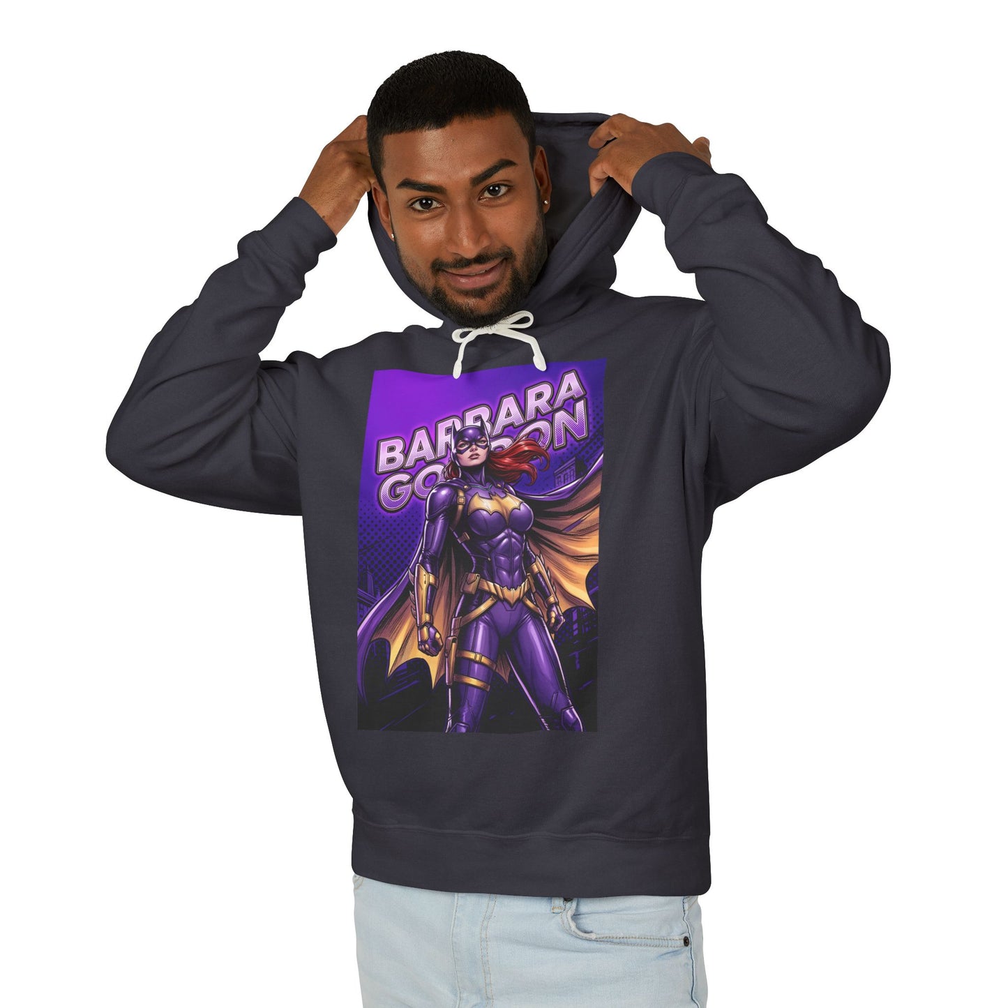 Batgirl Hoodie | DC Superhero Hoodie | Gotham Vigilante Pullover - man wearing purple-and-gold Batgirl graphic pullover hoodie