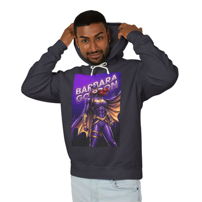 Batgirl Hoodie | DC Superhero Hoodie | Gotham Vigilante Pullover - man wearing purple-and-gold Batgirl graphic pullover hoodie