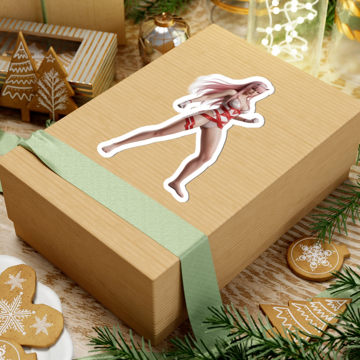 Zero Two Sticker – Anime Character Vinyl Sticker for Laptops & Indoor Decor on a gift box, glossy durable vinyl decal showcasing iconic anime character