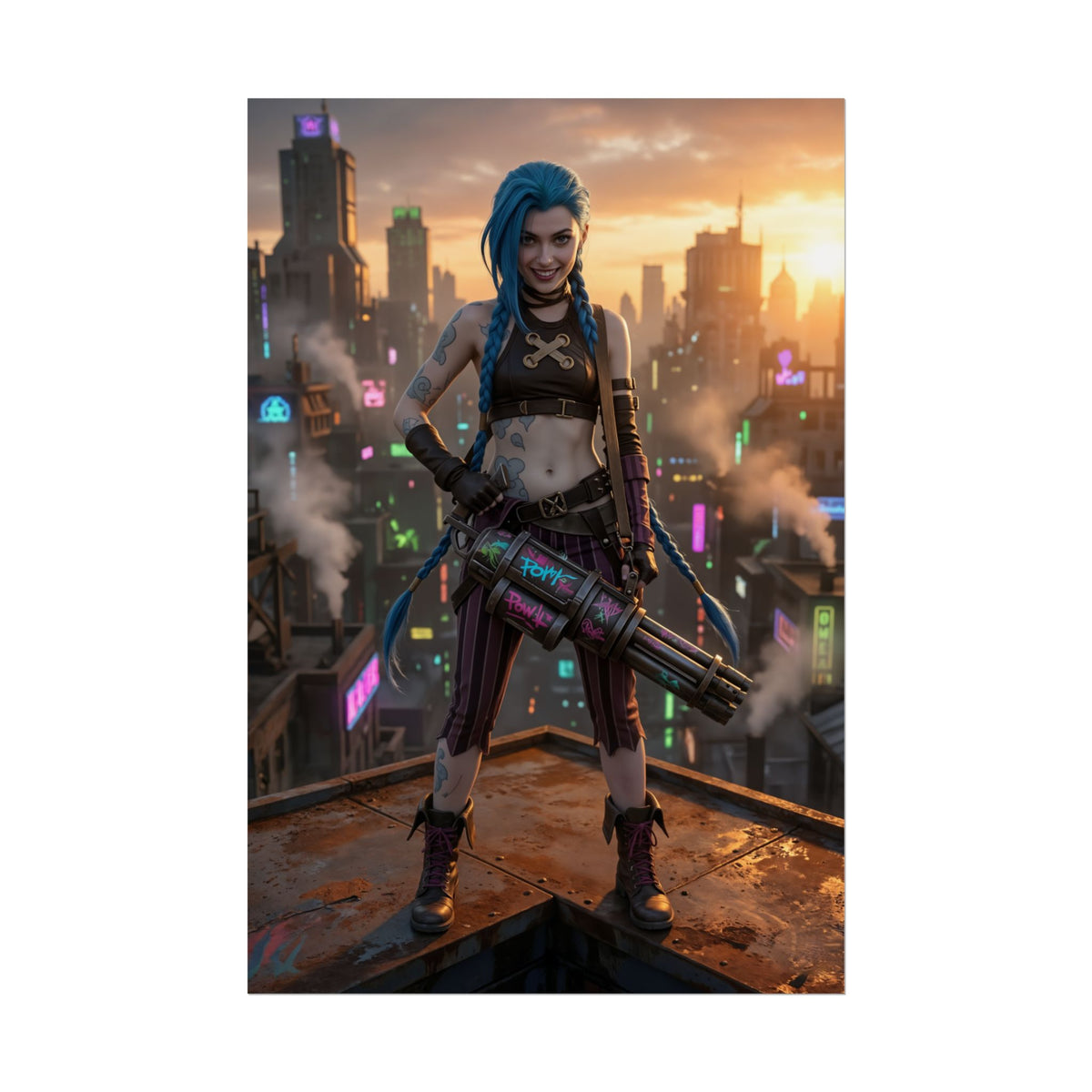 Jinx Poster, League of Legends Art Print, Iconic Chaotic Champion  dynamic character art of Jinx on a city rooftop, vibrant gaming room decor