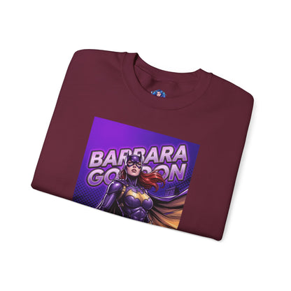 Batgirl Sweatshirt, DC Comics Crewneck, Gotham Hero Fan Apparel featuring purple-and-gold Batgirl graphic on maroon folded crewneck