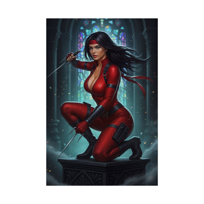 Elektra Marvel Poster – Iconic Assassin Heroine Wall Art for Gamer Decor featuring Elektra in red suit with sais and cathedral stained-glass background