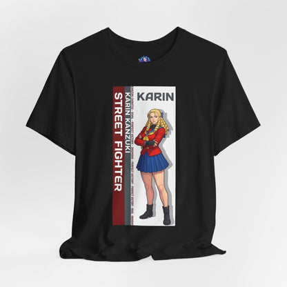 Alt Tag: Karin Kanzuki T-Shirt | Street Fighter Anime Tee for Gamers & Fighting Game Fans featuring Karin in confident pose on black Bella Canvas tee