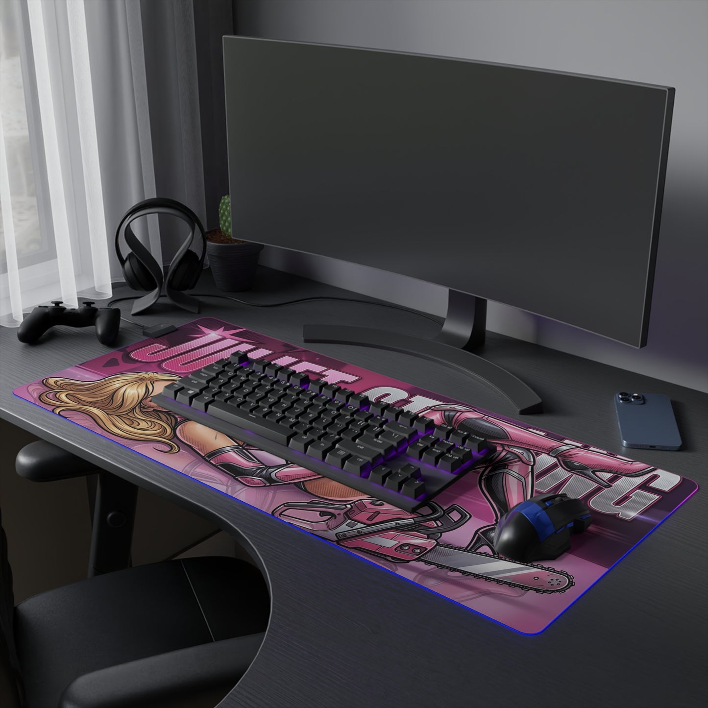 Juliet Starling RGB Desk Mat, Action Game Mouse Pad, LED Desk Mat for Gamer Desk Setup with pink action-game artwork, smooth cloth surface and RGB lighting