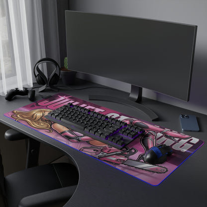 Juliet Starling RGB Desk Mat, Action Game Mouse Pad, LED Desk Mat for Gamer Desk Setup with pink action-game artwork, smooth cloth surface and RGB lighting