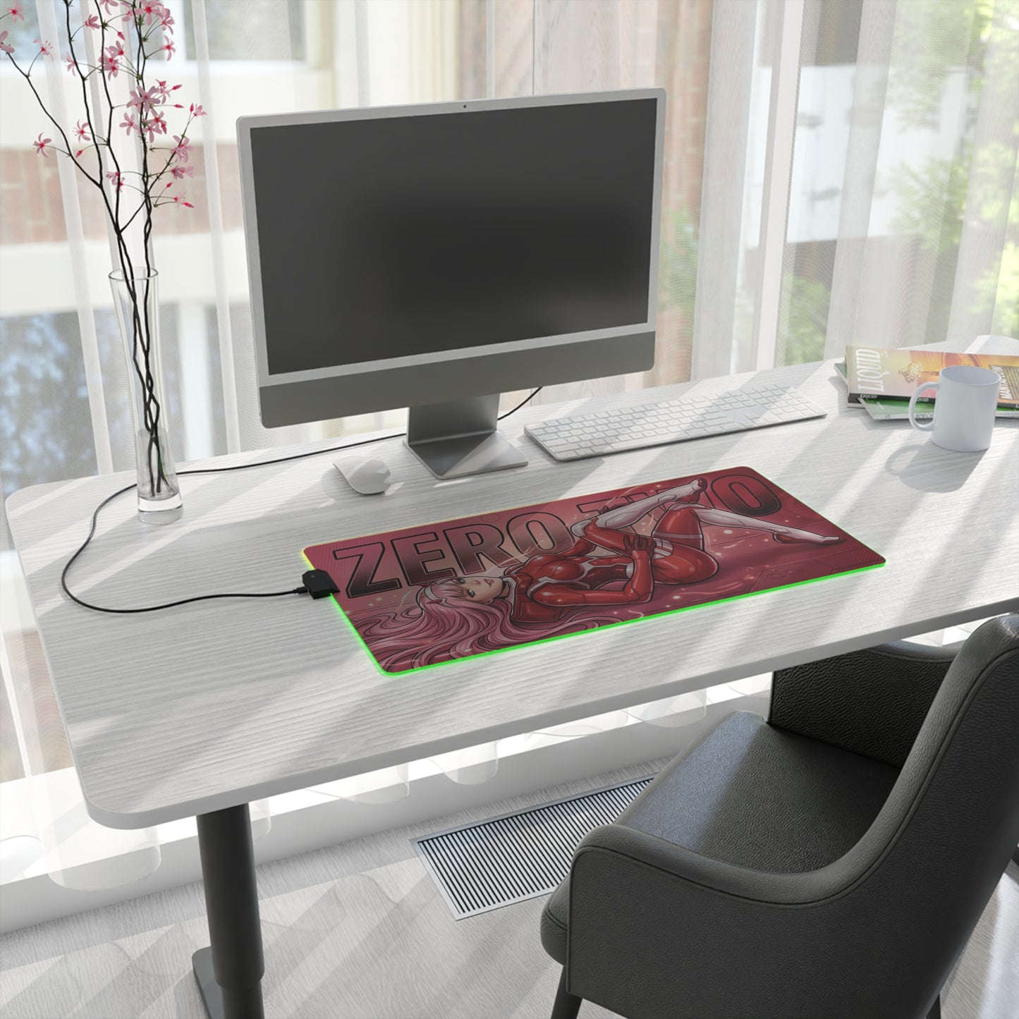 Zero Two RGB Desk Mat, Anime Gaming Mouse Pad, LED Desk Mat for Gamer Setup on a clean white desk with green RGB lighting and red anime design