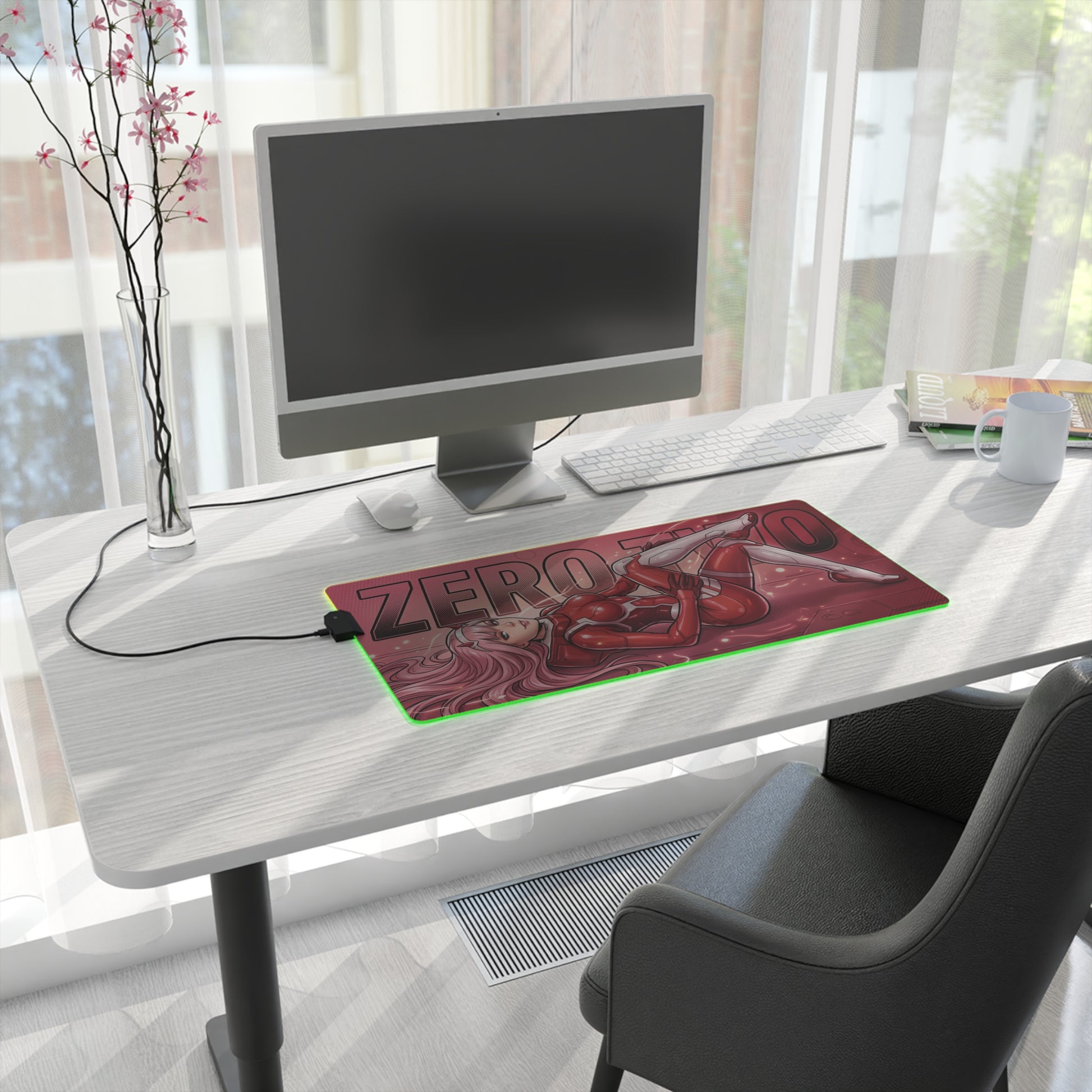 Zero Two RGB Desk Mat, Anime Gaming Mouse Pad, LED Desk Mat for Gamer Setup on a clean white desk with green RGB lighting and red anime design
