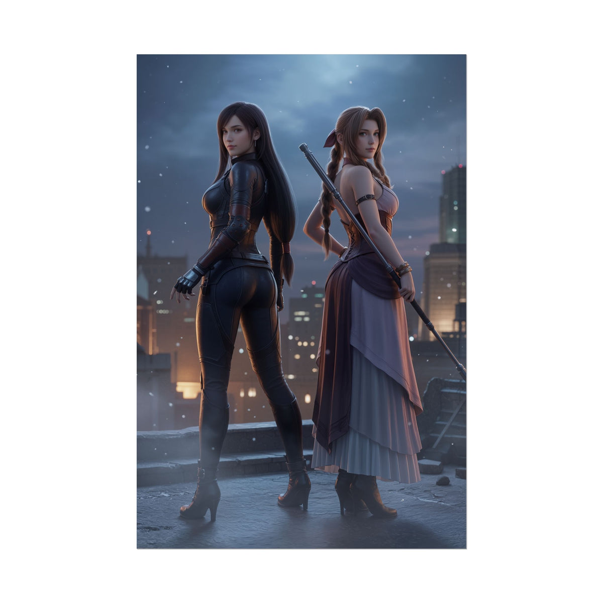 Tifa and Aerith Poster, Final Fantasy Art Print  Duo Wall Art showing Tifa and Aerith standing back-to-back on a city rooftop at night