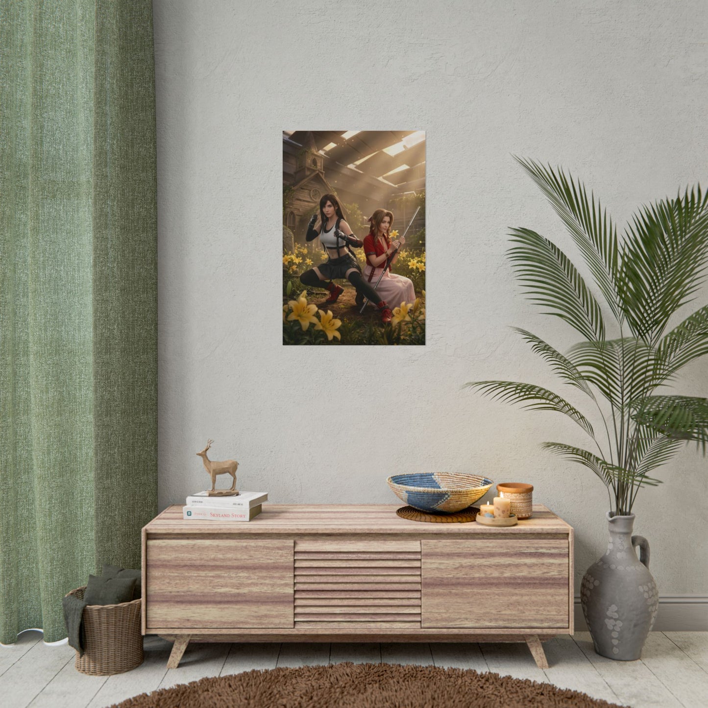 Tifa and Aerith Poster, Final Fantasy Art Print – Iconic RPG Duo on wall in modern gaming room with plants and decor