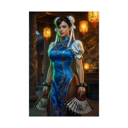 Chun-Li Poster – Iconic Fighting Game Heroine Wall Art for Gamer Decor featuring Chun-Li in blue qipao with fans and lantern-lit temple backdrop