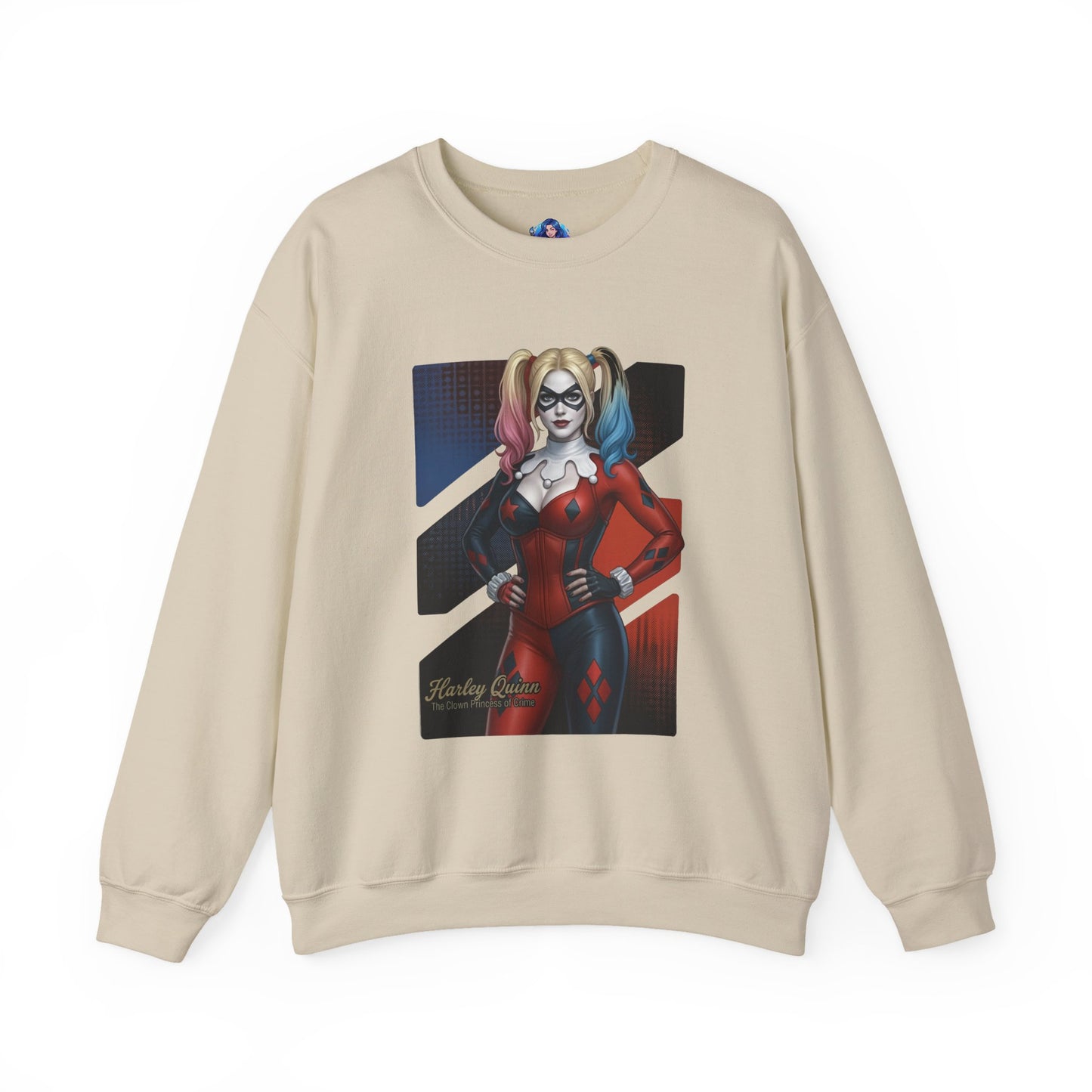 Harley Quinn Sweatshirt, DC Comics Crewneck, Iconic Comic Apparel for Fans — beige crewneck with classic red-and-black Harley Quinn artwork