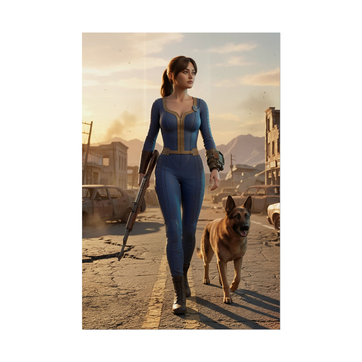 Lucy Fallout Poster, Fallout Wall Art Print  Gamer Decor woman in blue vault suit walking with dog through post-apocalyptic street, high-res print