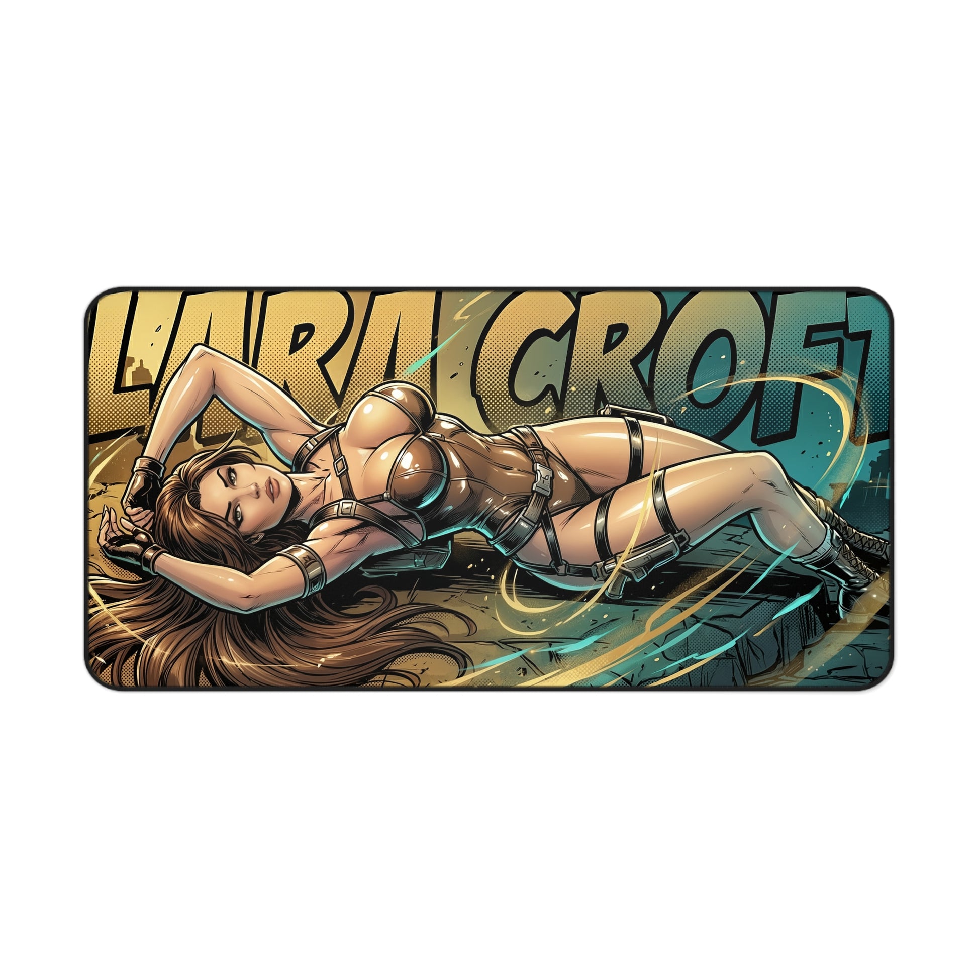 Lara Croft Desk Mat, Tomb Raider Mouse Pad, Adventure Gaming Setup Desk Decor - illustrated Lara Croft reclining on adventure-themed gaming desk mat