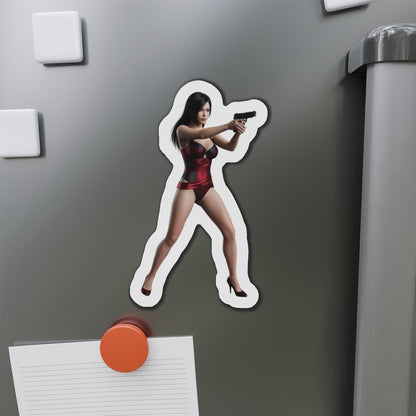 Ada Wong Magnet – Resident Evil Character Fridge Magnet, Anime Game Decor: die-cut vinyl fridge magnet of Ada Wong aiming handgun in red outfit