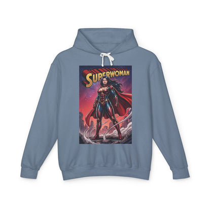 Superwoman Hoodie | DC Superhero Hoodie | Power Unleashed Pullover featuring bold comic-style Superwoman print on soft blue cotton pullover