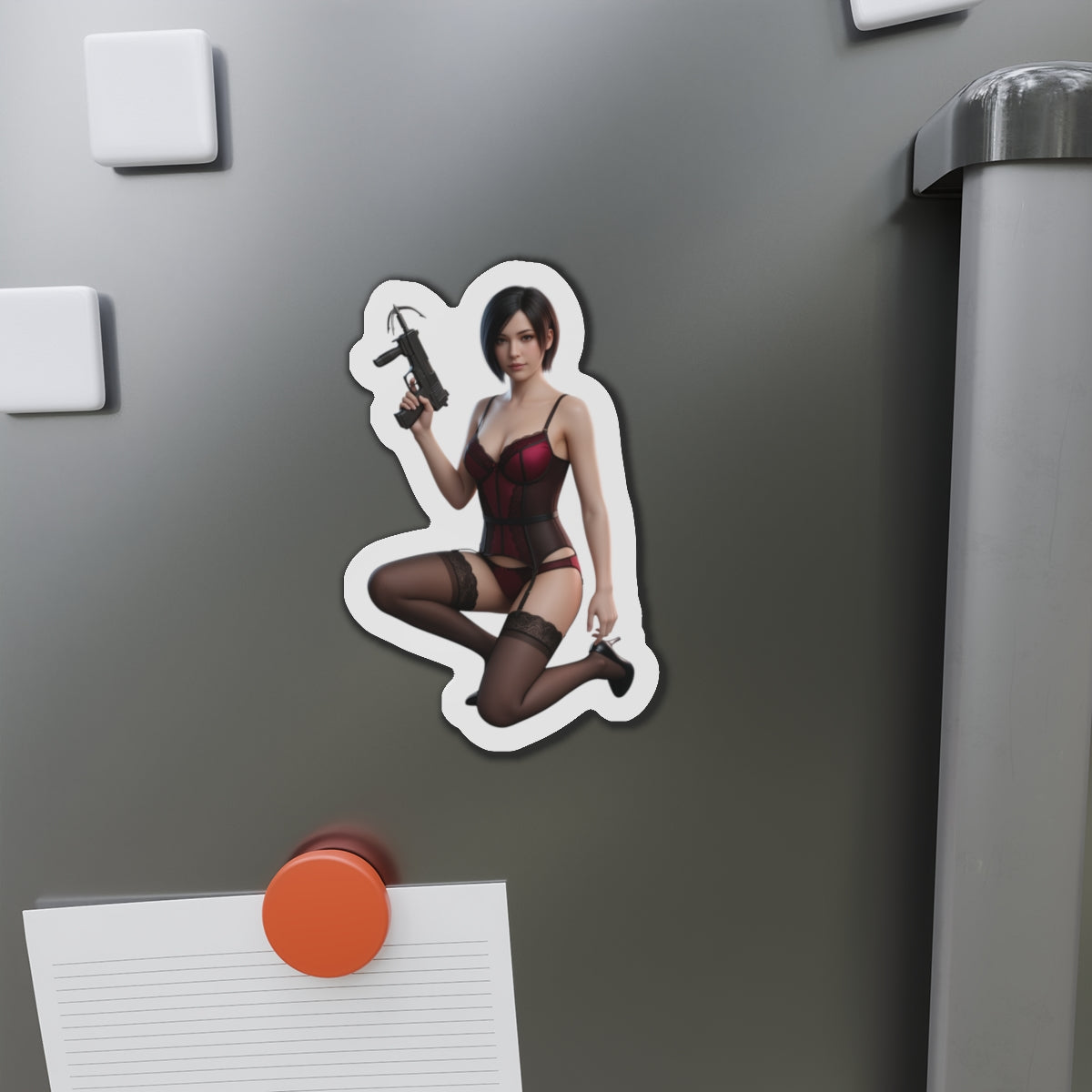Ada Wong Magnet – Resident Evil Anime Heroine Fridge Magnet, Game Decor vinyl die-cut magnet on fridge showing Ada Wong anime-style artwork