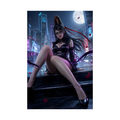 Bayonetta Poster / Bayonetta Wall Art / Bayonetta Art Print / Bayonetta Game Poster showing Bayonetta in a moonlit cityscape, elegant costume detail and seductive pose