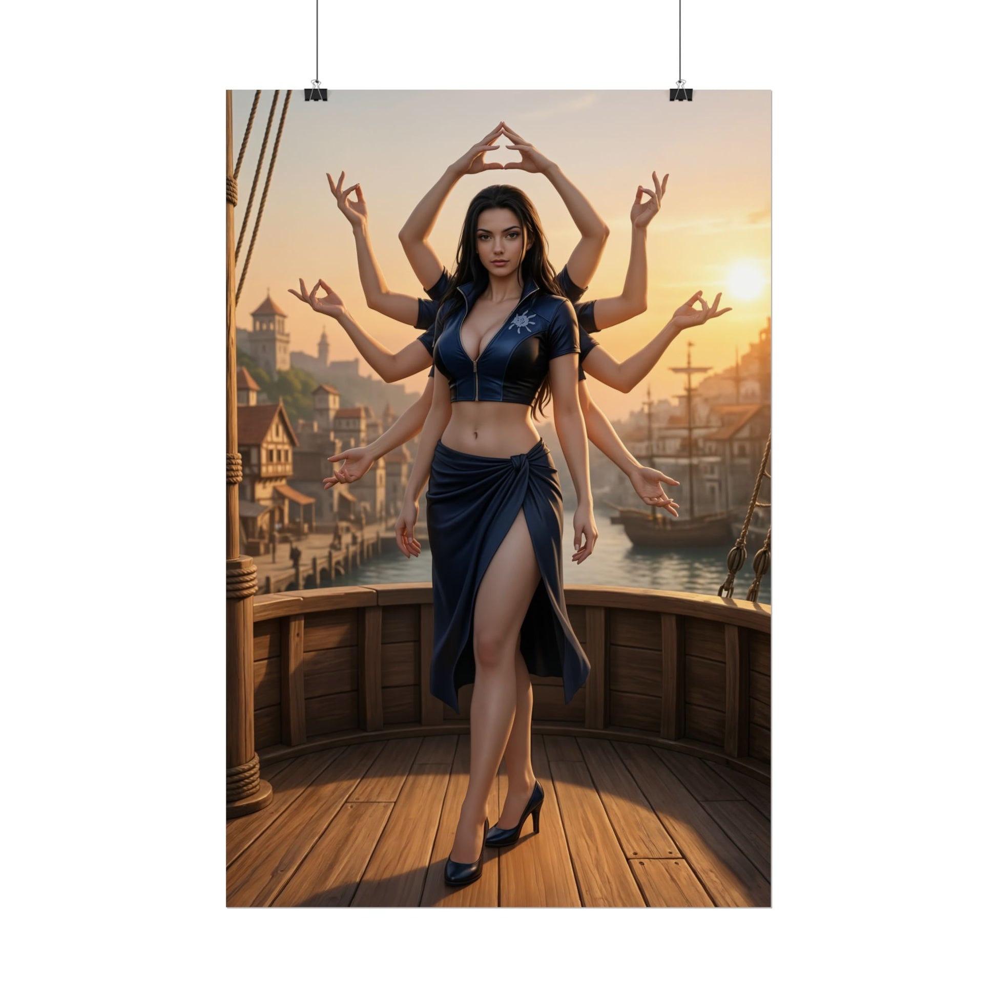 Nico Robin Poster, One Piece Art Print, Iconic Archaeologist Character - elegant multi-armed anime portrait on ship deck at sunset