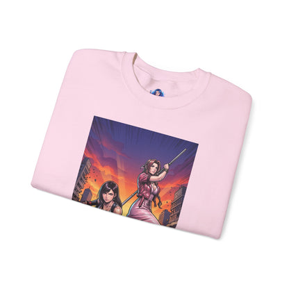 Tifa Lockhart & Aerith Gainsborough Sweatshirt, Game Character Art, Premium Fan Apparel - pink crewneck showing Tifa and Aerith battle pose