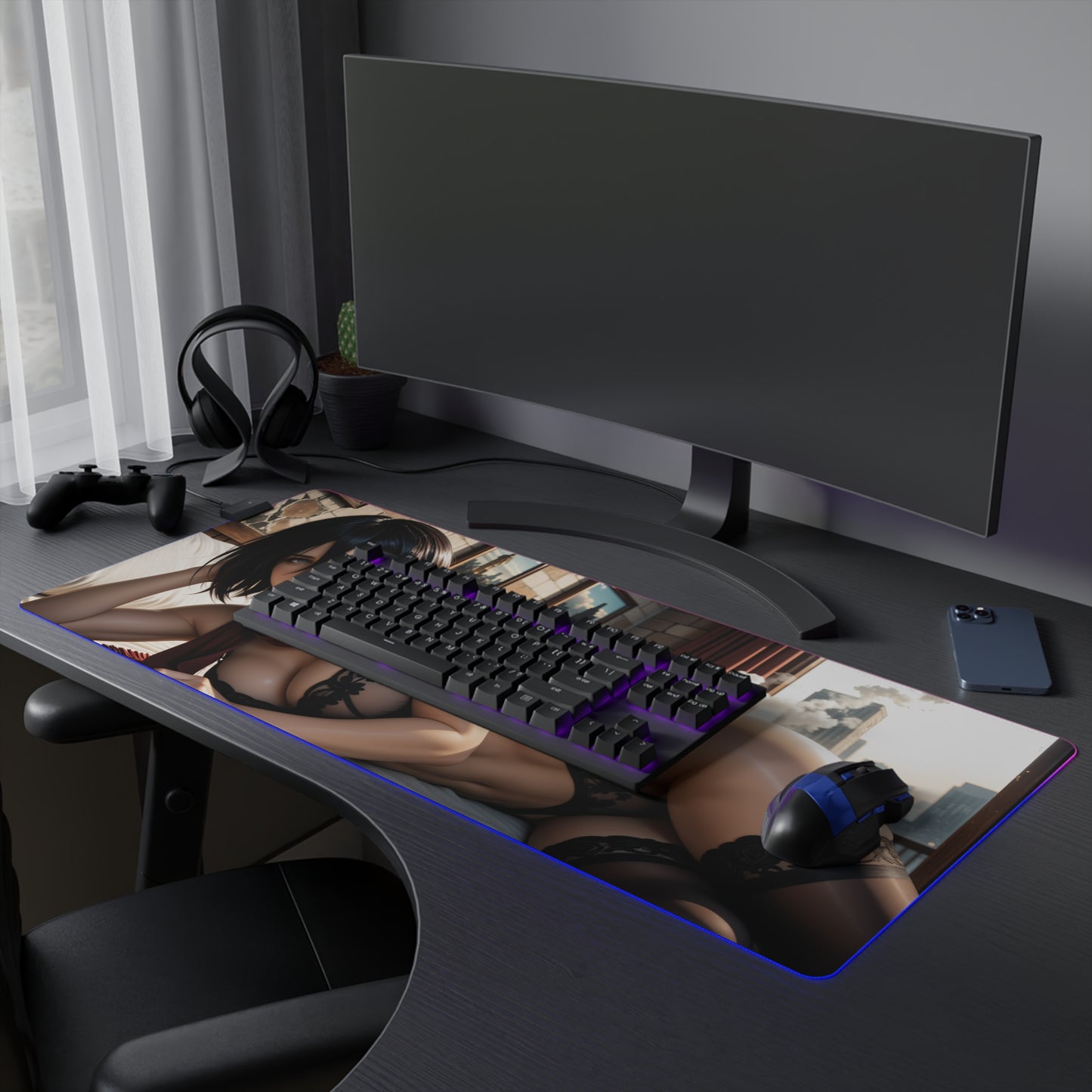 Mikasa Ackerman Desk Mat – LED RGB Pad, Waifu Anime Girl Gaming Setup