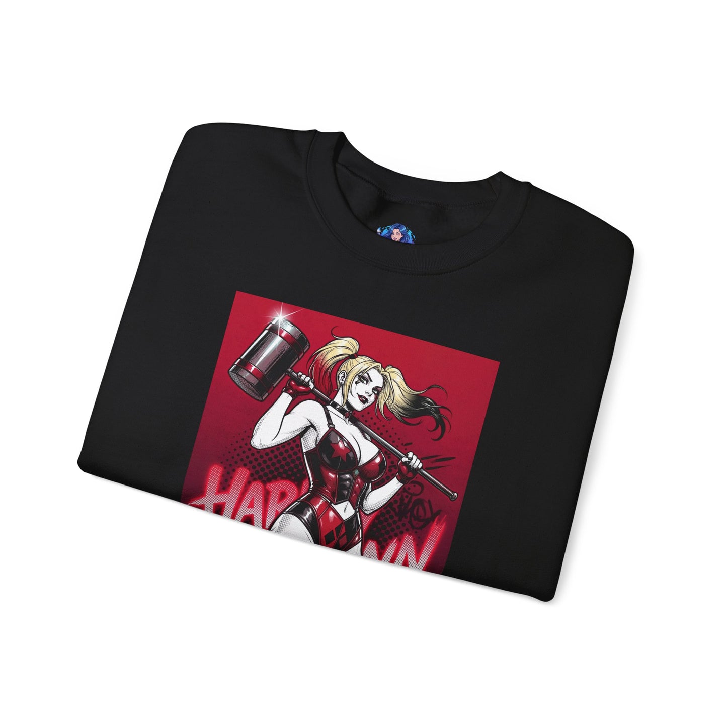 Harley Quinn Sweatshirt, DC Comics Pop Art Style, Premium Fan Apparel - black crewneck with anime-style Harley holding oversized hammer