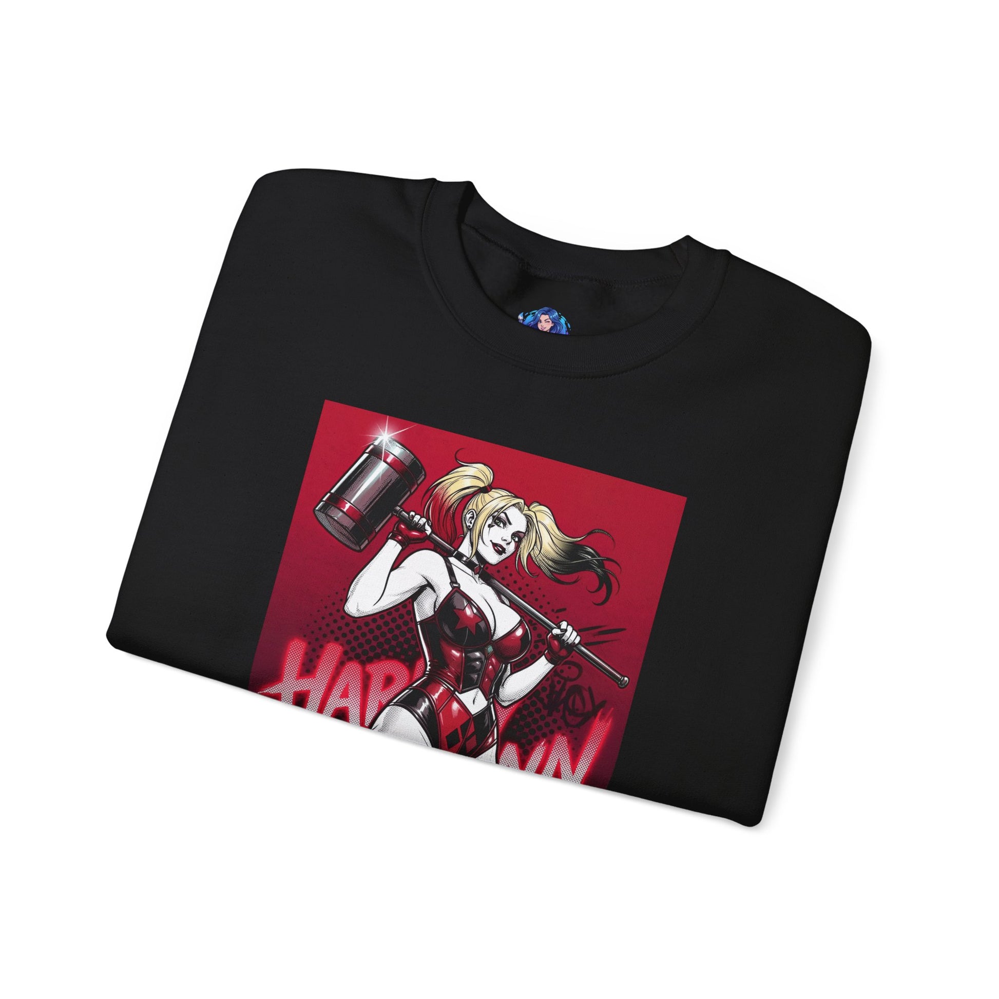 Harley Quinn Sweatshirt, DC Comics Pop Art Style, Premium Fan Apparel - black crewneck with anime-style Harley holding oversized hammer