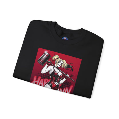 Harley Quinn Sweatshirt, DC Comics Pop Art Style, Premium Fan Apparel - black crewneck with anime-style Harley holding oversized hammer