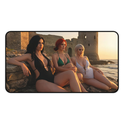 Ciri Triss Yennefer Desk Mat, Fantasy Gaming Mouse Pad, Witcher World Setup — high-definition trio desk mat showing Ciri, Triss and Yennefer at seaside castle