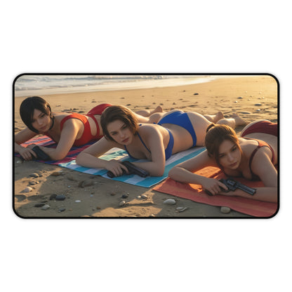 Gaming Mouse Pad – Ada Wong Claire Redfield Jill Valentine Desk Mat, Horror Setup featuring Ada Wong Claire Redfield Jill Valentine in a tactical beach scene