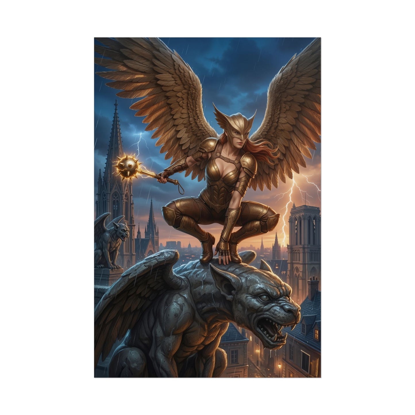 Hawkgirl Poster, DC Comics Art Print – Superhero Wall Art showing armored Hawkgirl perched on gargoyle over stormy city skyline