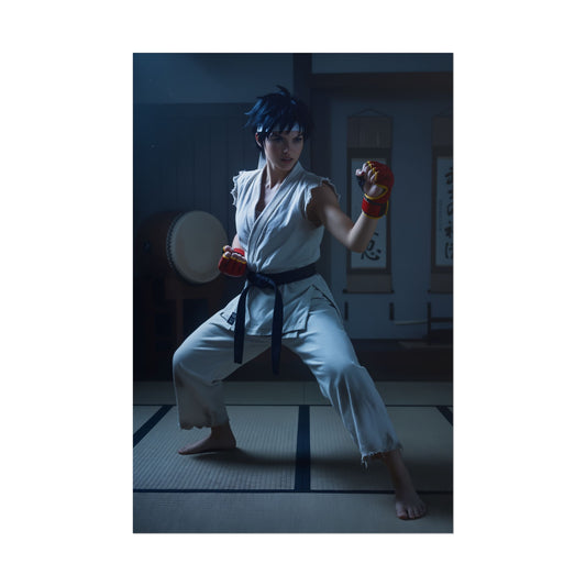 Makoto Poster, Street Fighter Art Print – Iconic Martial Artist Heroine: dynamic martial artist pose in dojo, high-resolution game art print
