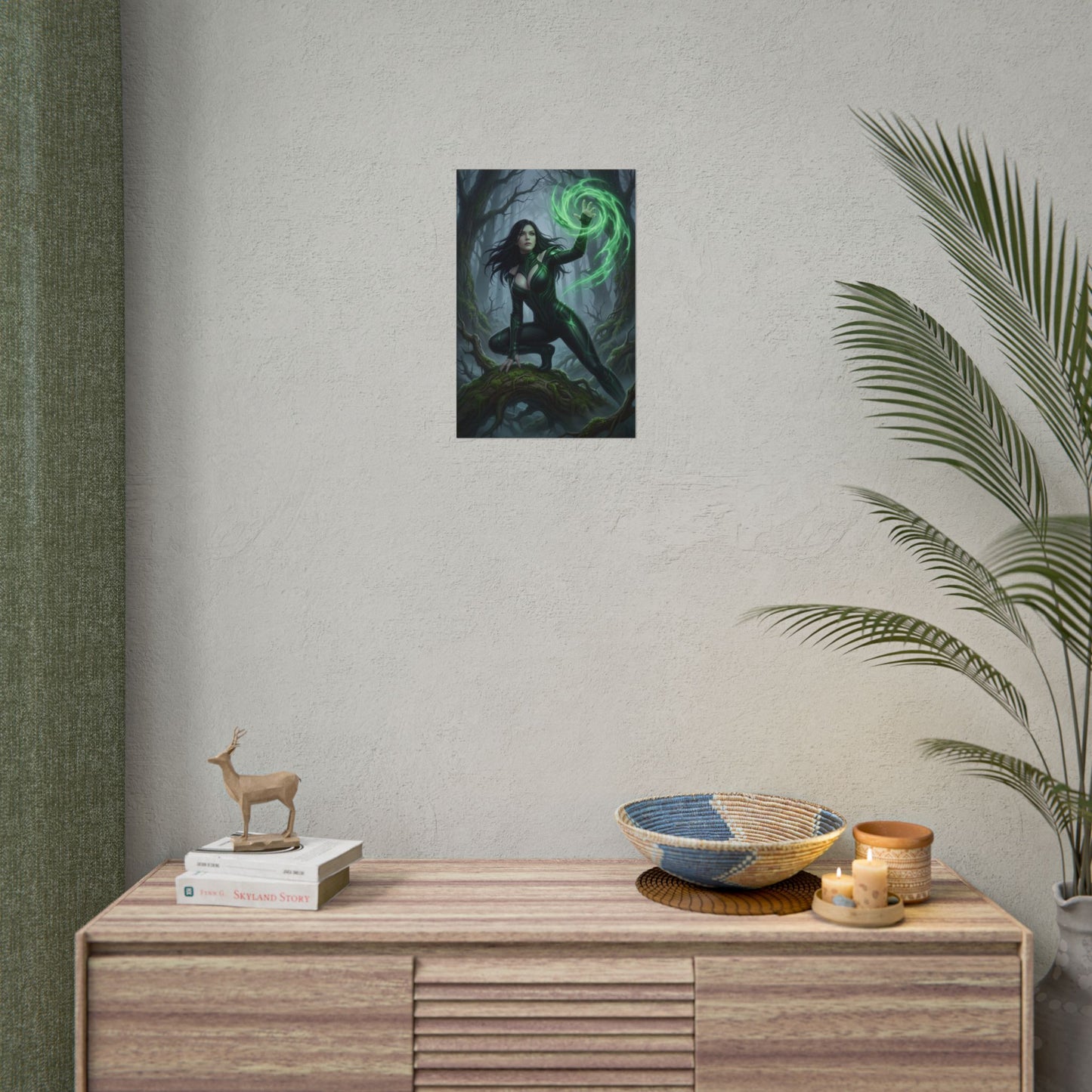 Hela Poster, Marvel Wall Art Print – Dark Fantasy Decor hanging in minimalist living room above console, vivid villain art for gamer and fantasy spaces