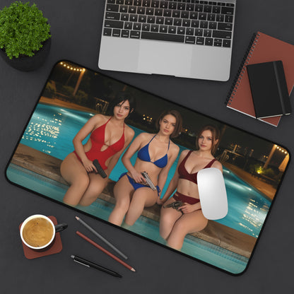 Ada Wong Claire Redfield Jill Valentine Gaming Mouse Pad, Survival Horror Desk Mat featuring three heroines in swimsuits by a pool