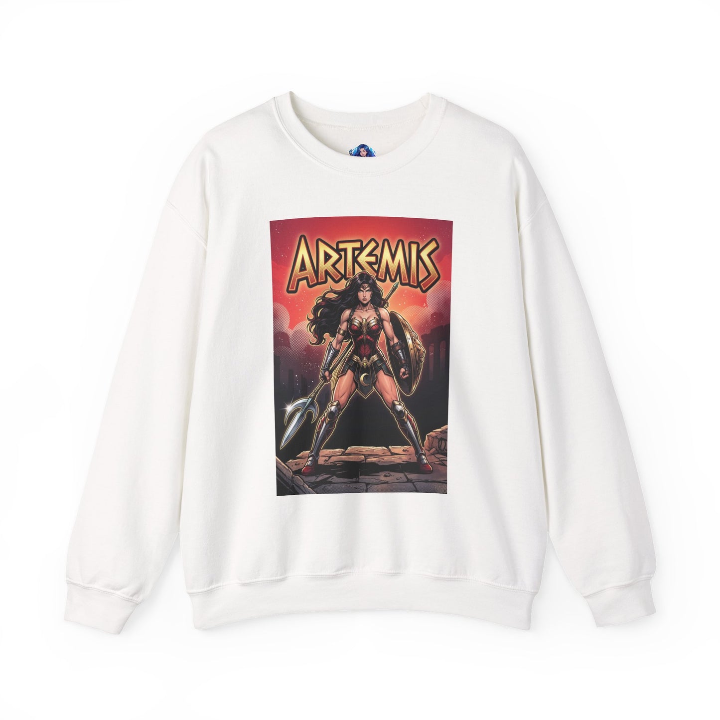 Artemis Sweatshirt, DC Comics Warrior Art, Premium Hero Apparel - white crewneck with Artemis in armor holding spear and shield