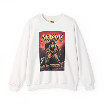 Artemis Sweatshirt, DC Comics Warrior Art, Premium Hero Apparel - white crewneck with Artemis in armor holding spear and shield