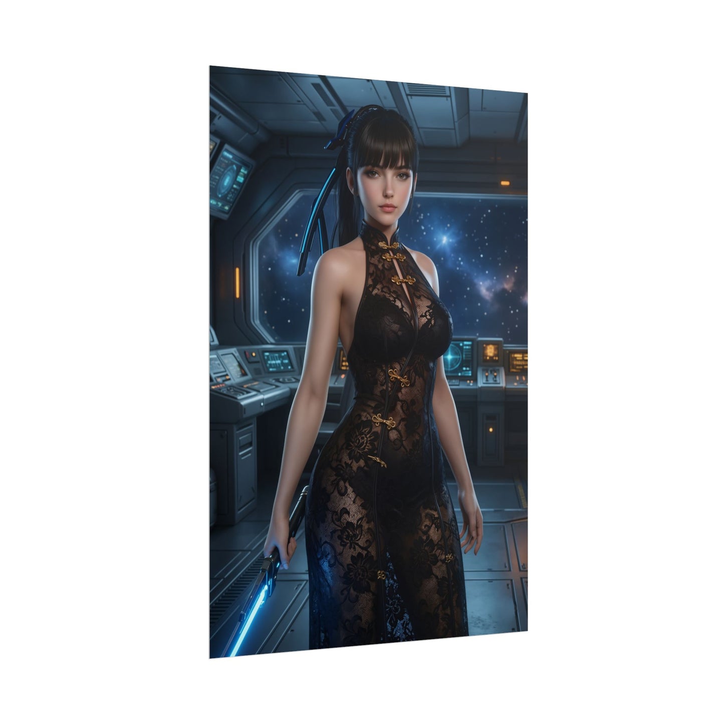 EVE Poster, Stellar Blade Print, Futuristic Combat Hero Art Wall Decor - disciplined armored heroine in sci‑fi bridge holding glowing blade