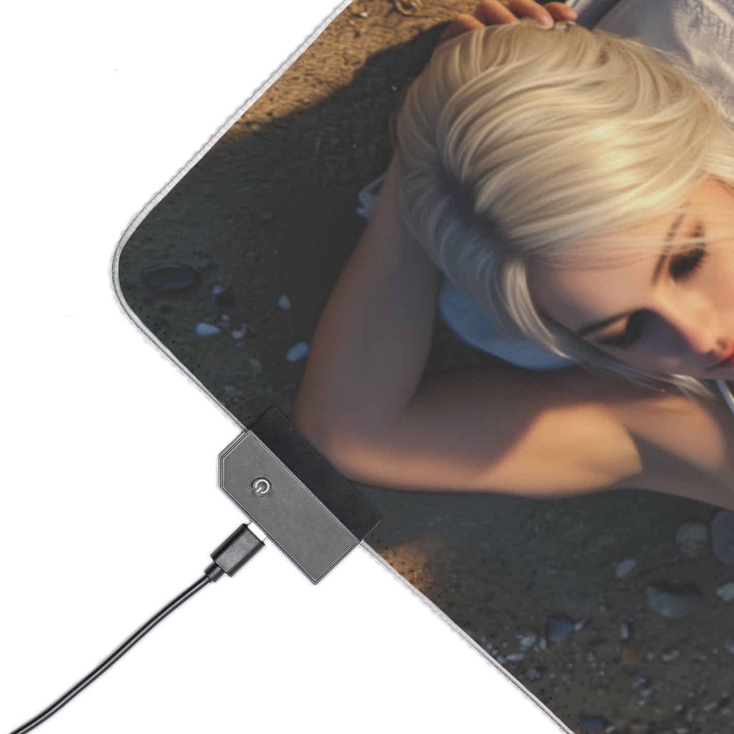 Ciri, Triss Merigold & Yennefer Desk Mat – LED RGB Pad close-up showing LED controller and Ciri artwork on smooth precision-cloth surface