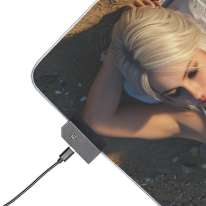 Ciri, Triss Merigold & Yennefer Desk Mat – LED RGB Pad close-up showing LED controller and Ciri artwork on smooth precision-cloth surface