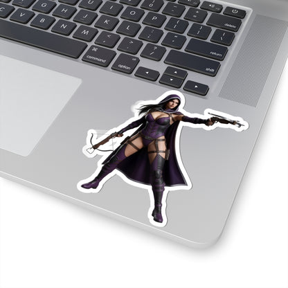 Huntress Sticker – Comic Heroine Vinyl Sticker for Laptops & Indoor Decor on laptop showing glossy, durable vinyl, vibrant comic-style artwork