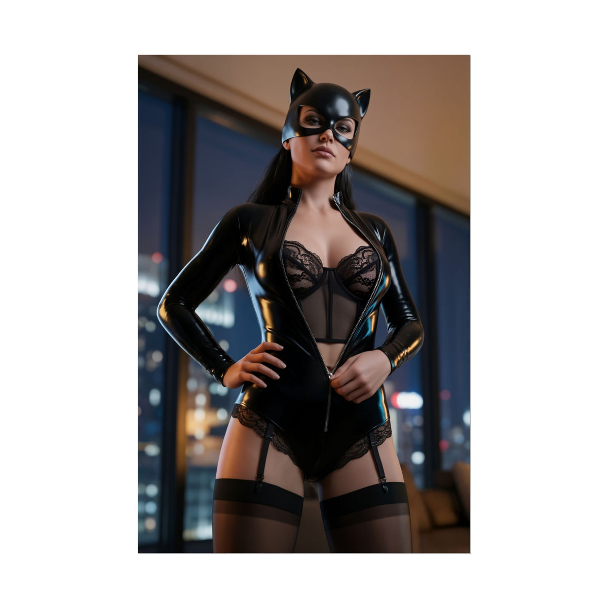 Catwoman Poster, DC Comics Art Print  Iconic Anti-Heroine Wall Art: sleek, confident Catwoman in black latex costume and mask posing in modern city apartment
